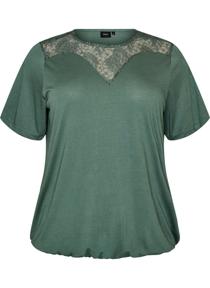 Blouse met kanten inzetstuk en ballonmouwen, Groen, Packshot image number 0