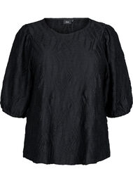 Blouse met textuur en 3/4 mouwen, Zwart