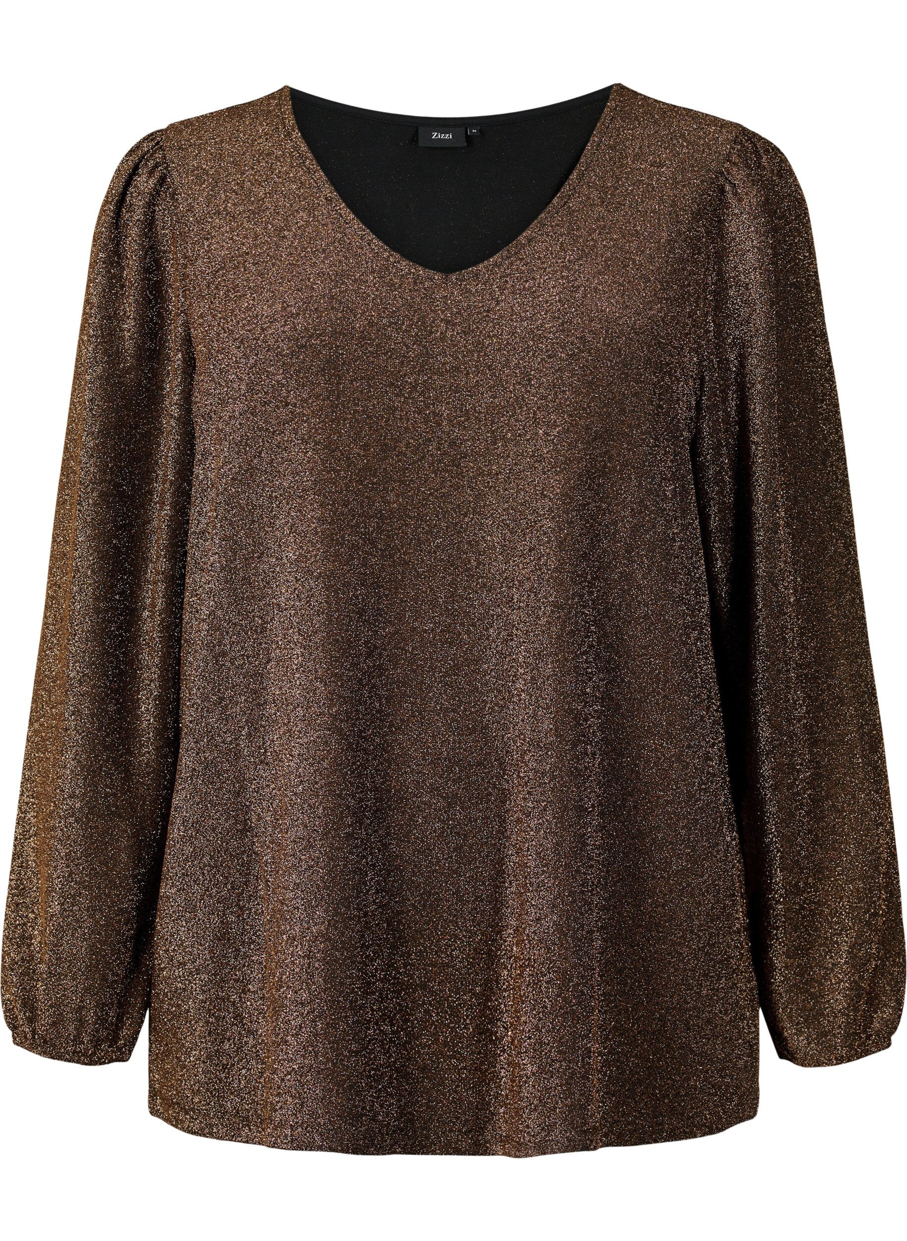 Zizzi Glitter blouse met pofmouwen, Black Copper, Packshot image number 0
