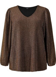 Glitter blouse met pofmouwen, Black Copper