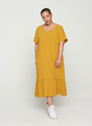Viscose jurk met korte mouwen en v-hals, Harvest Gold, Model image number 0