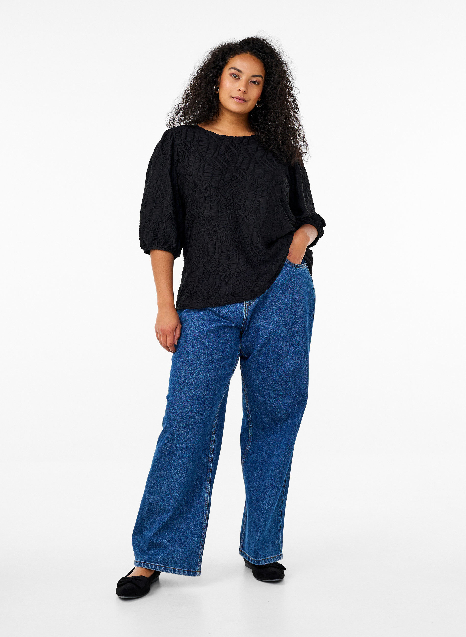 Zizzi Blouse met textuur en 3/4 mouwen, Zwart, Model image number 1