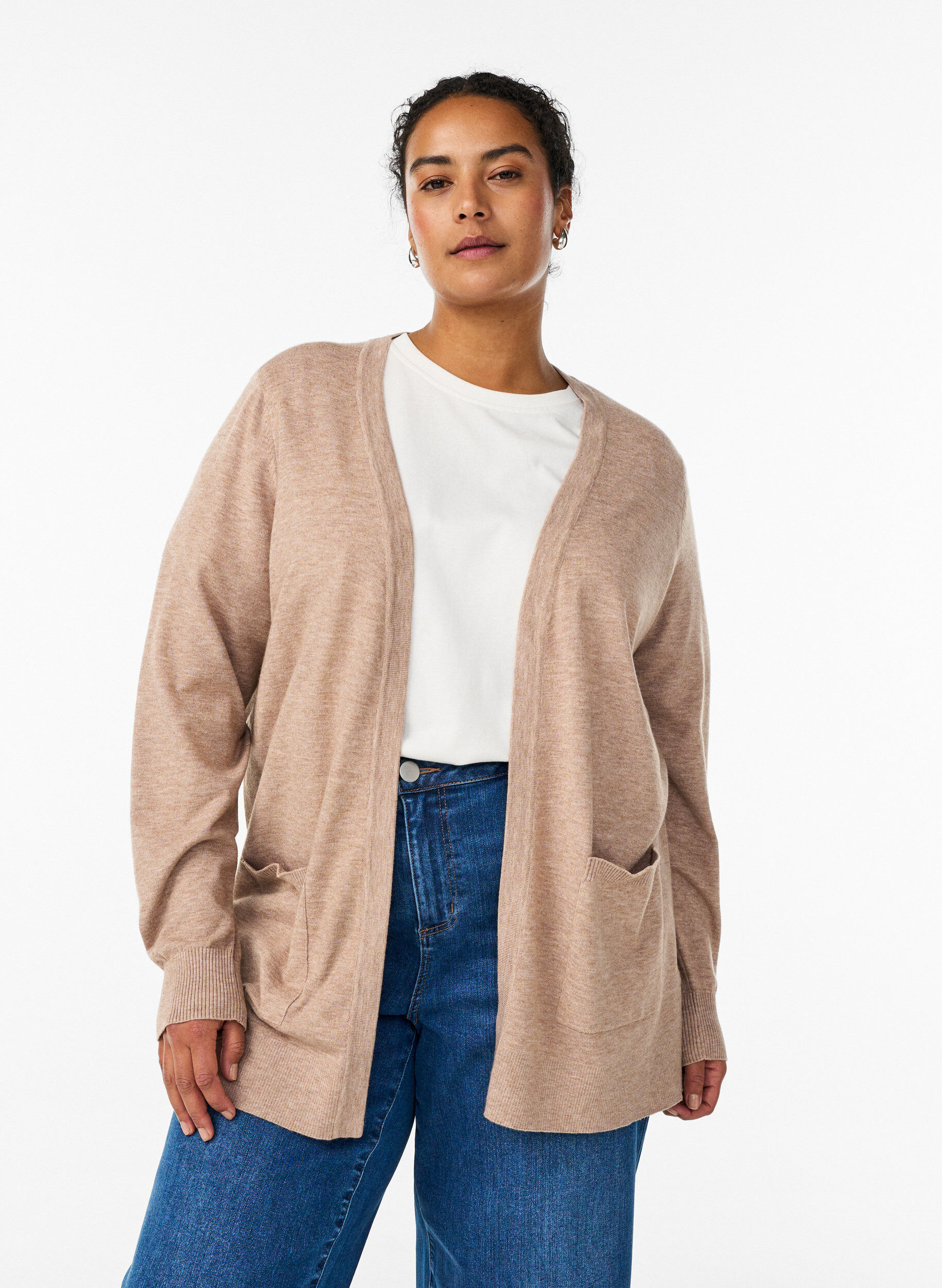 Zizzi Lange open knit vest met zakken, Beige, Model image number 0