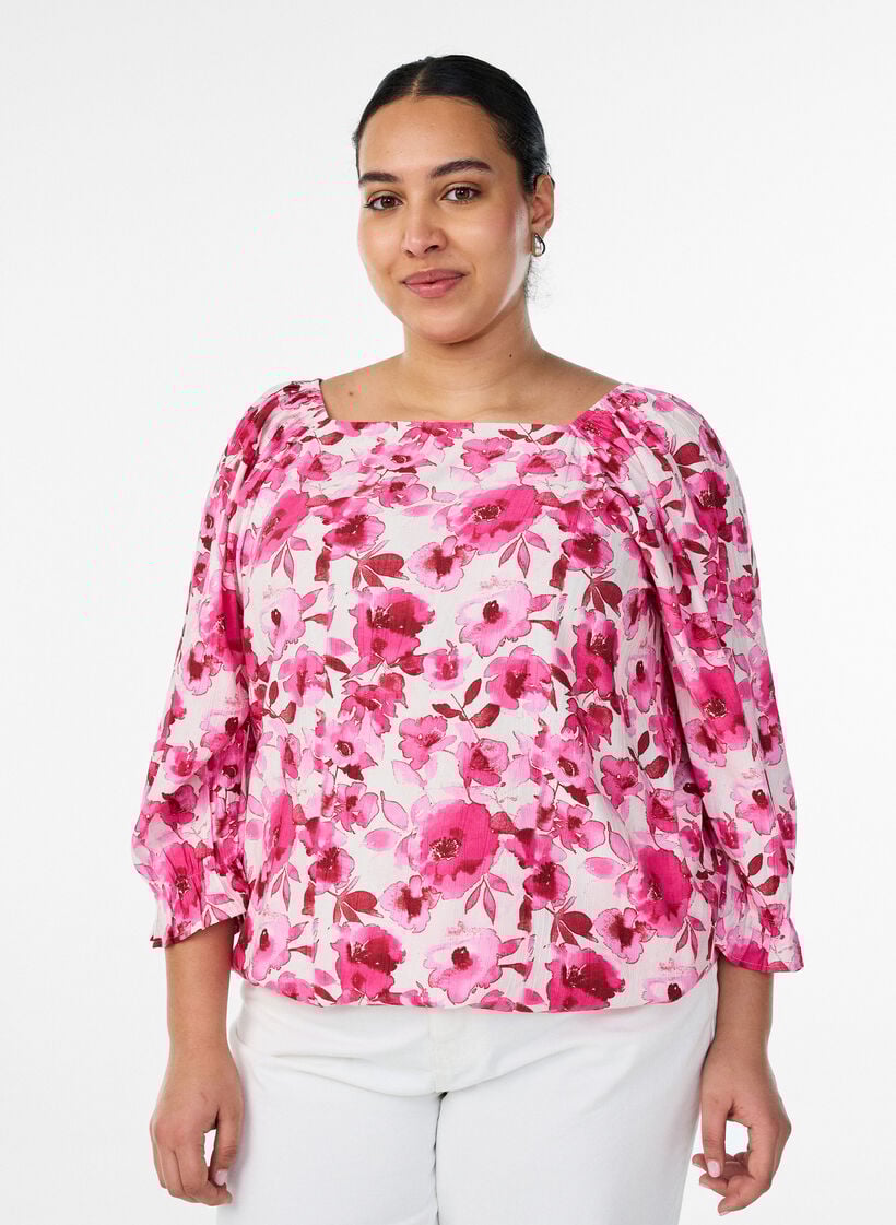 Viscose blouse met een vierkante hals en 3/4-mouwen, Roze, Model image number 0