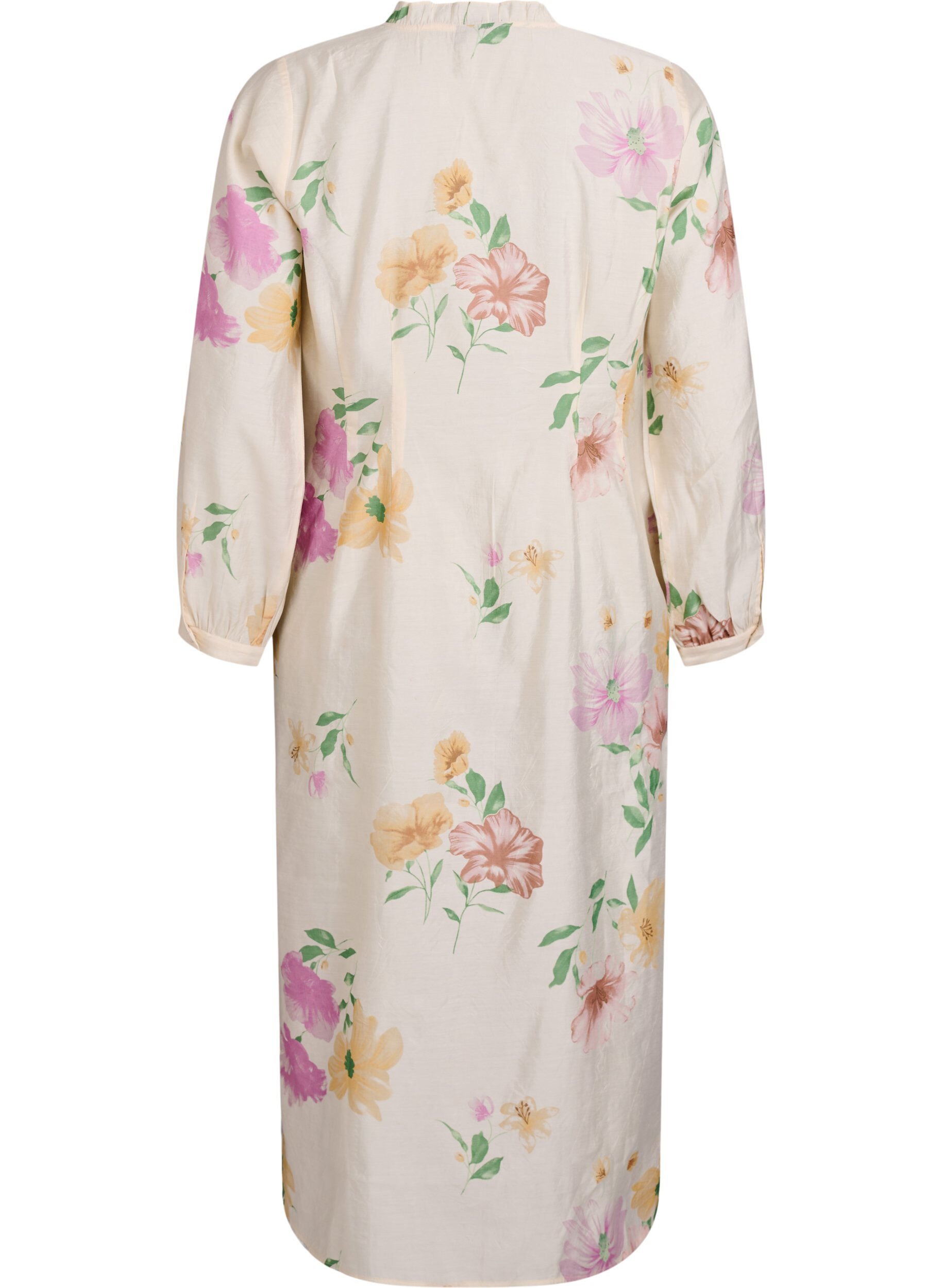 Zizzi Bloemen midijurk met volantkraag en knoopsluiting, Beige, Packshot image number 1