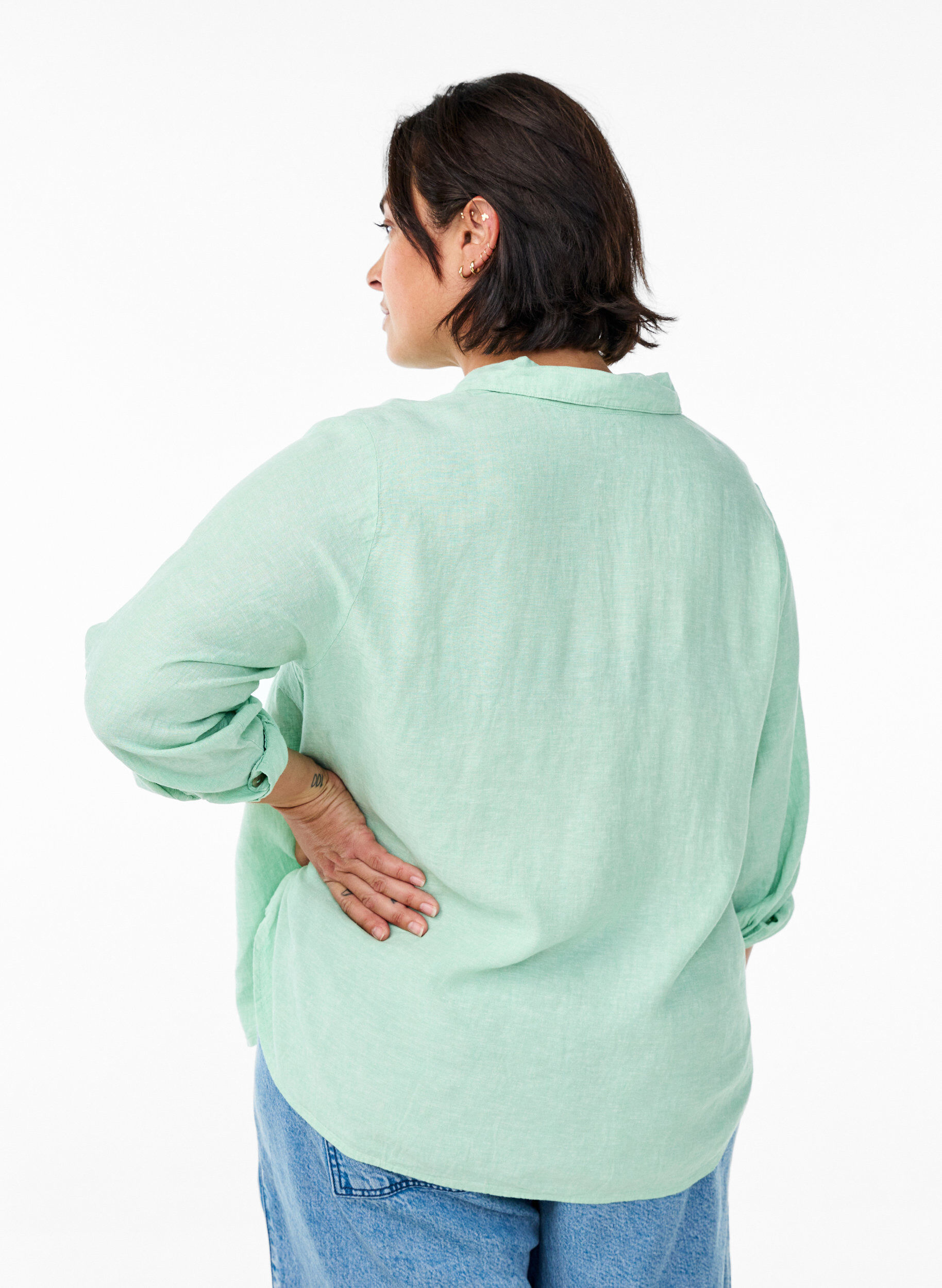 ZizziLinnen en viscose shirt met 3/4 mouwen, Groen, Model image number 2