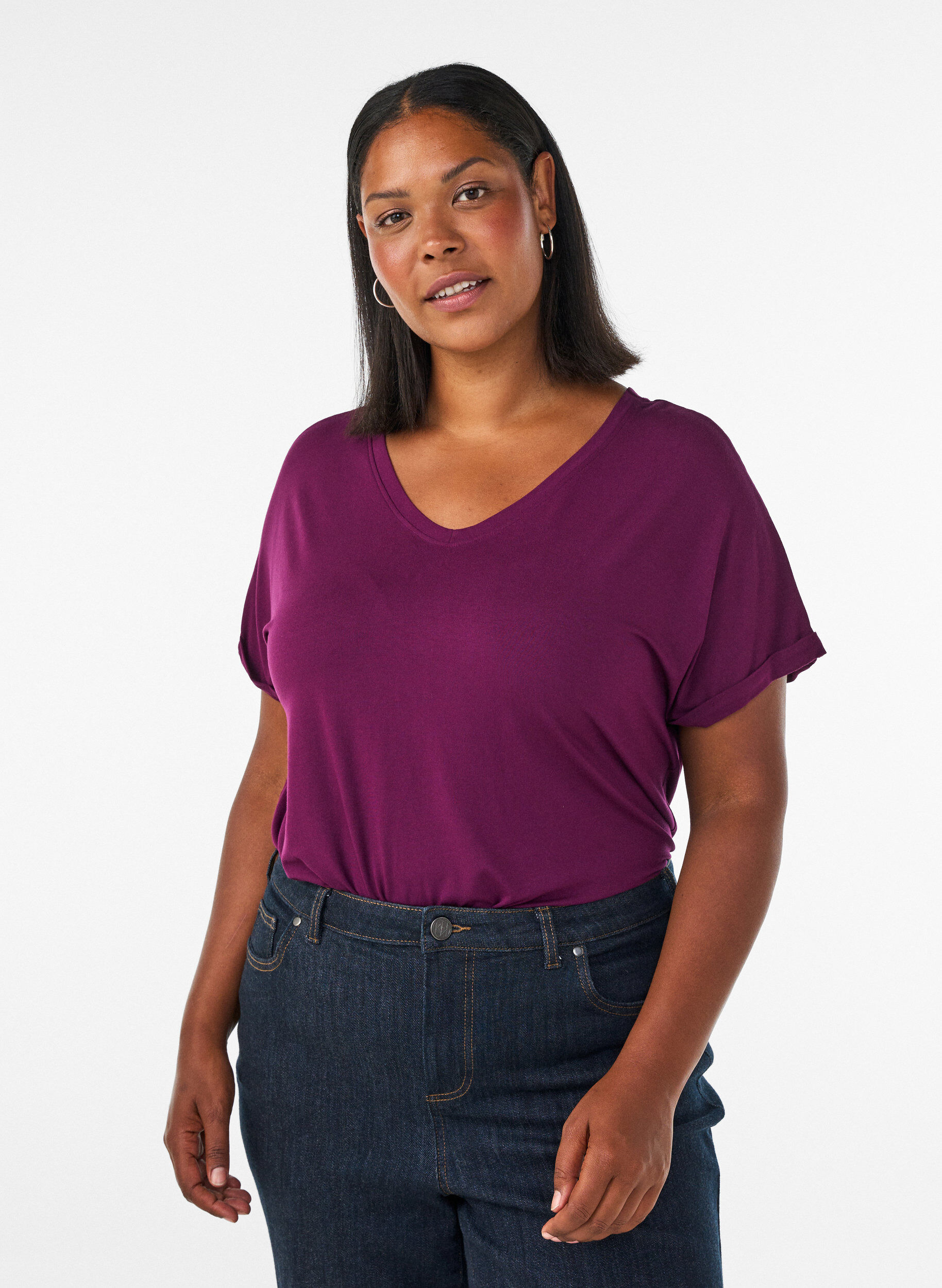 ZizziBasic T-shirt met V-hals van viscose, Paars, Model image number 0