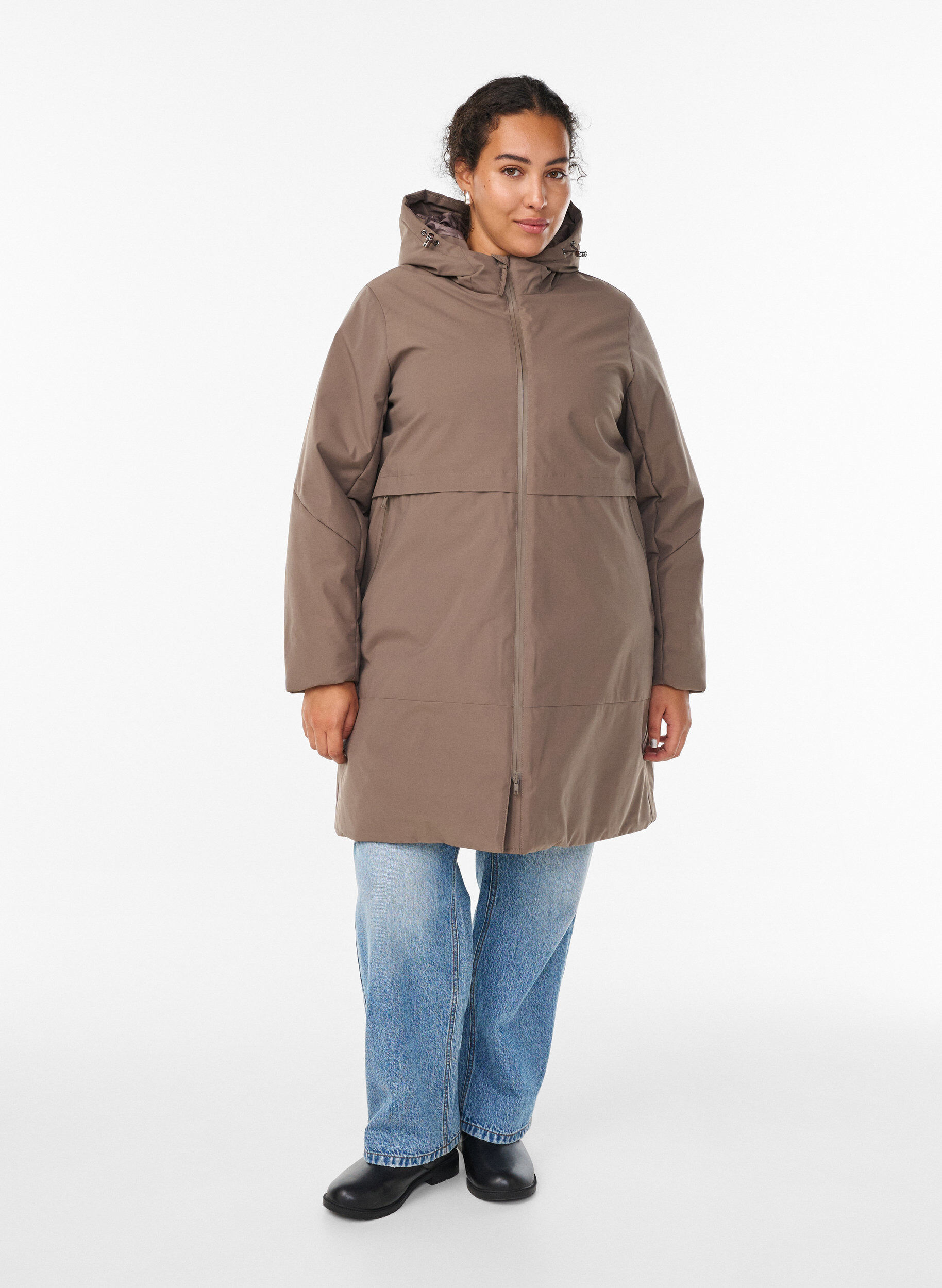 Zizzi Winterjas met verstelbare taille, Bruin, Model image number 1