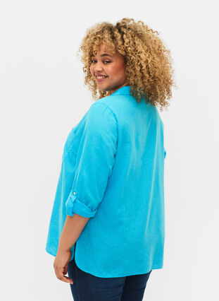 Overhemdblouse met knoopsluiting in katoen-linnen mix, Blue Atoll, Model image number 1