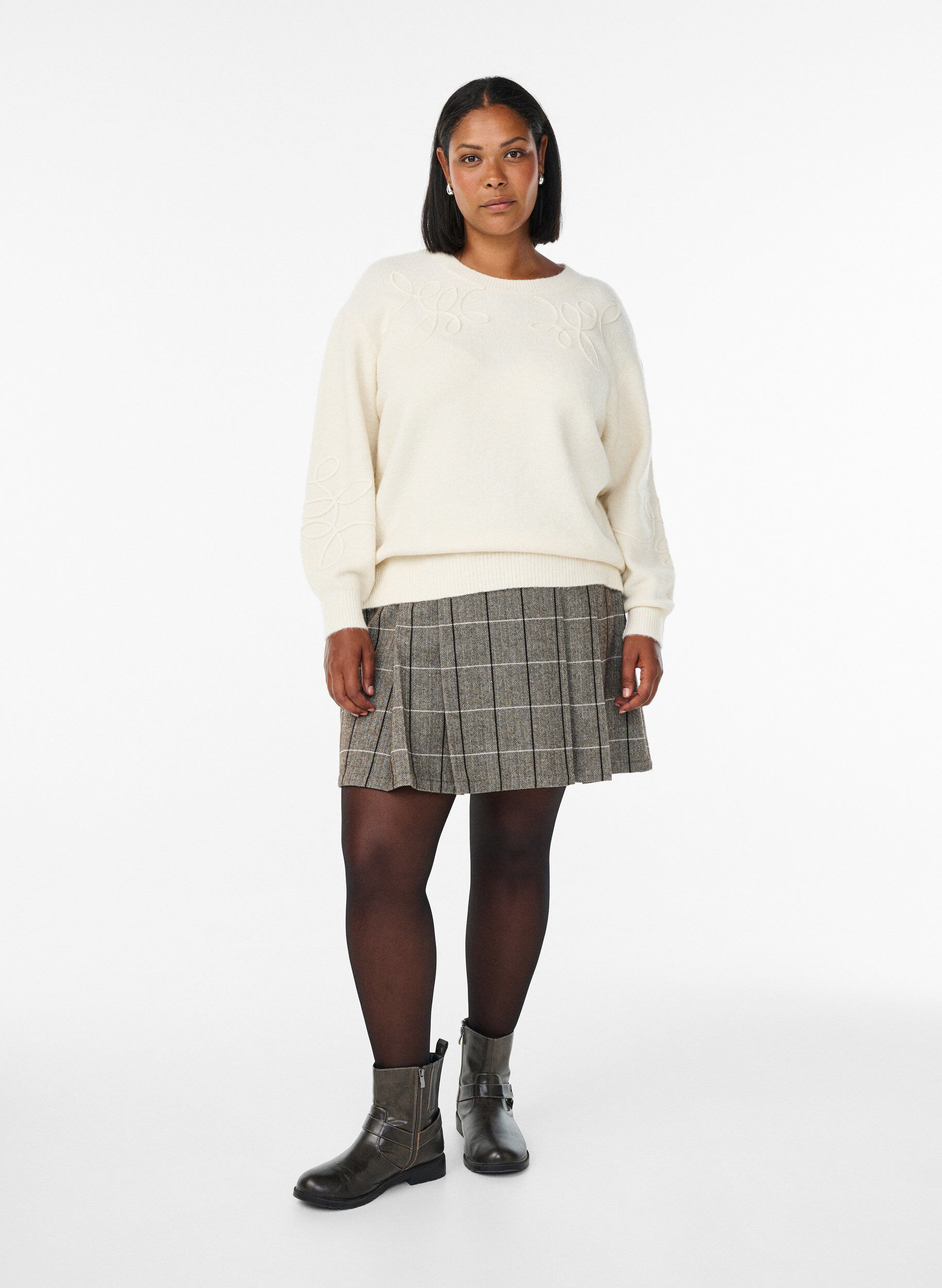 Zizzi Gebreide blouse met aangehechte koorddetails, Beige, Model image number 1