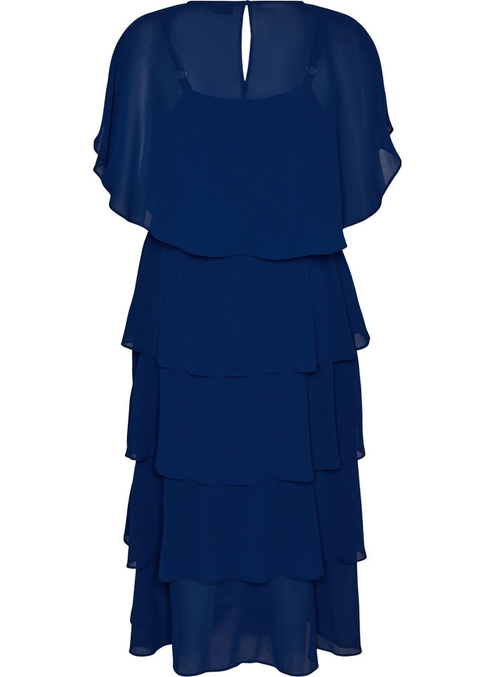 Maxi jurk met ruches en afneembare cape, Blauw, Packshot image number 1
