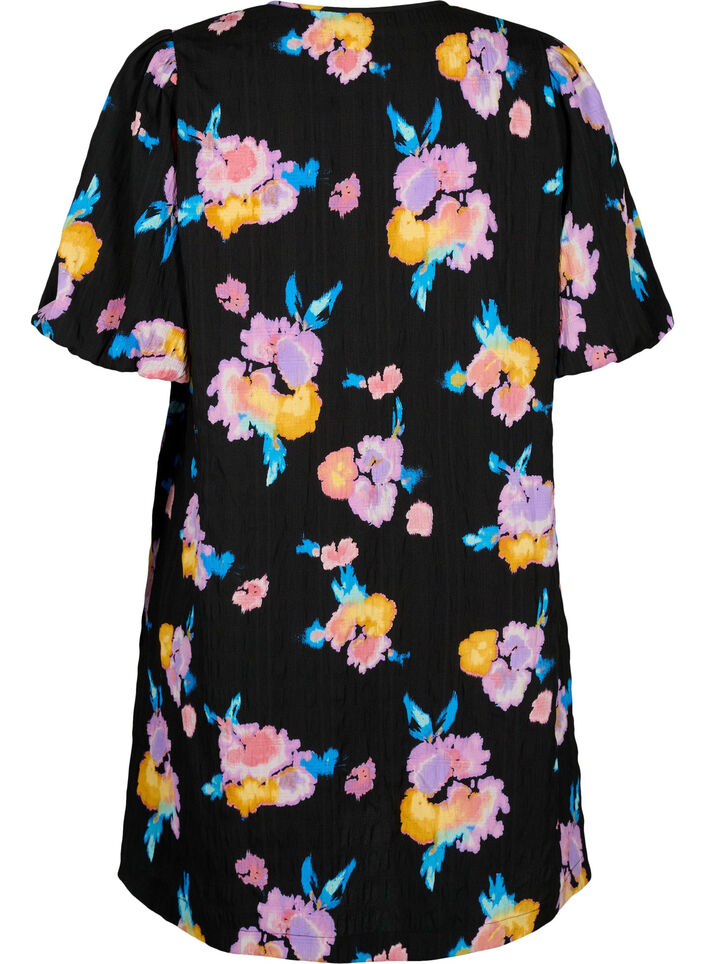 Jurk met korte pofmouwen en bloemenprint, Black w. flower AOP, Packshot image number 1