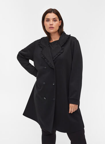 Lange jas met brede kraag en ruche details, Black, Model image number 0