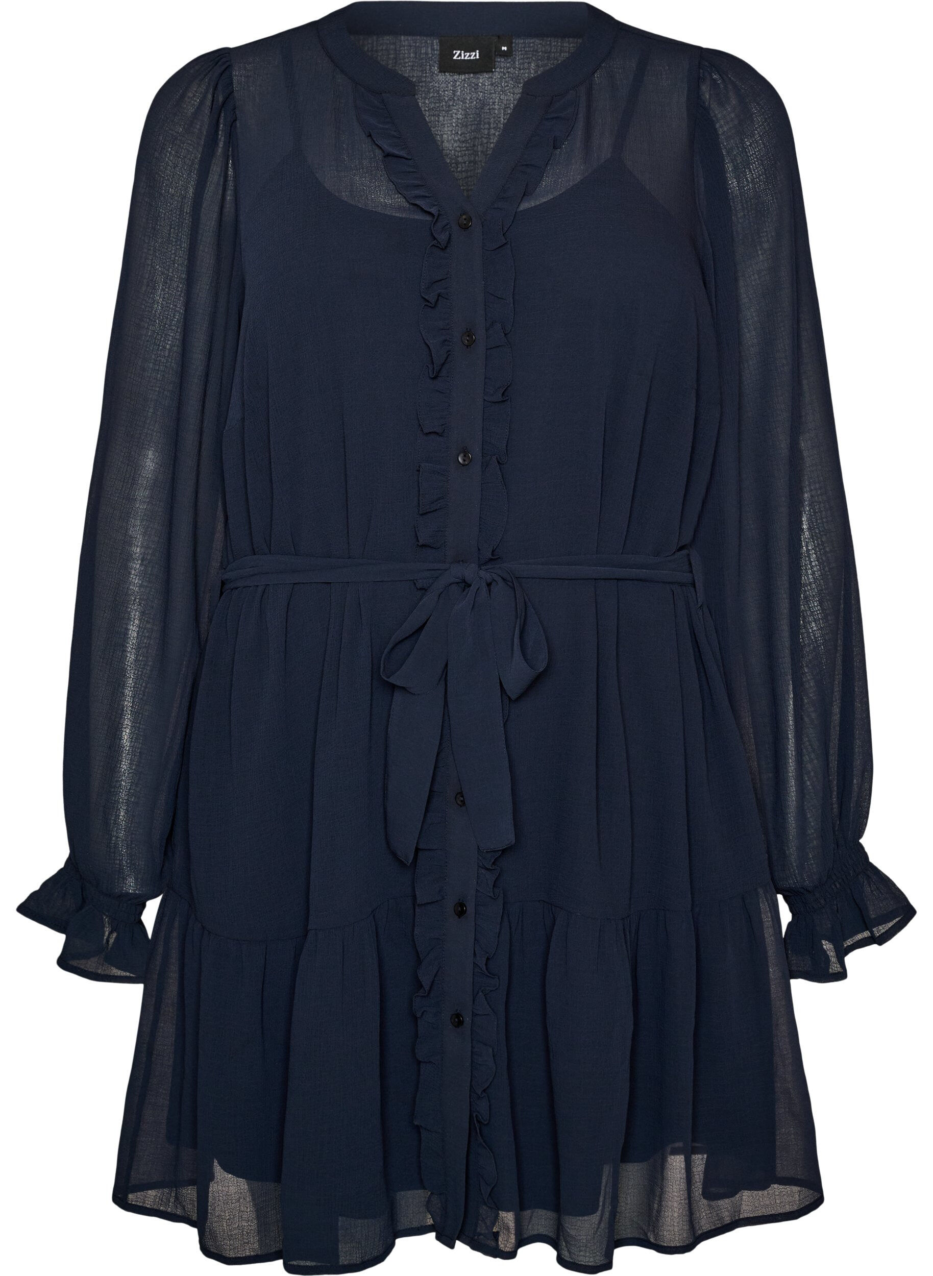 ZizziKorte jurk met ruches en een strikceintuur, Blauw, Packshot image number 0