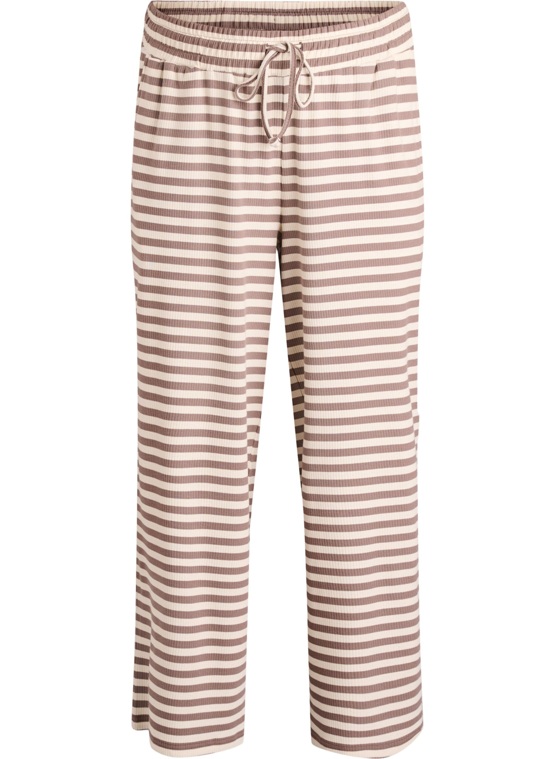 Zizzi Gestreepte pyjamabroek met een high waist en wijde pijpen, Beige, Packshot image number 0