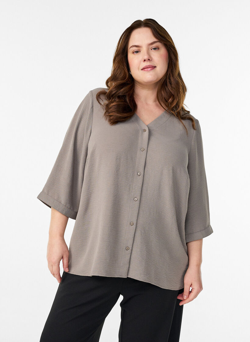 Shirtblouse met V-hals en 3/4 mouwen, Beige, Model image number 0