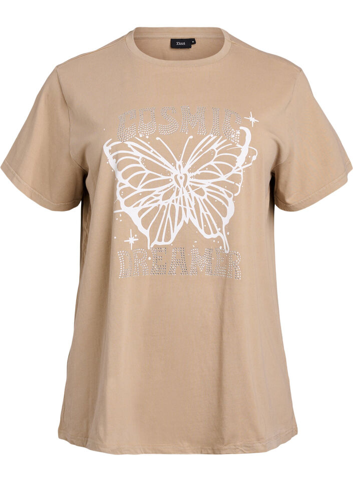 Biologisch katoenen T-shirt met strass en vlinder motief, Bruin, Packshot image number 0