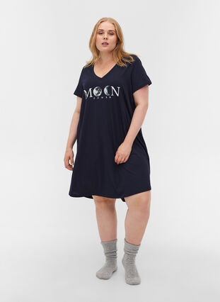 Katoenen pyjama jurk met korte mouwen en print, Night Sky W. Moon, Model image number 2