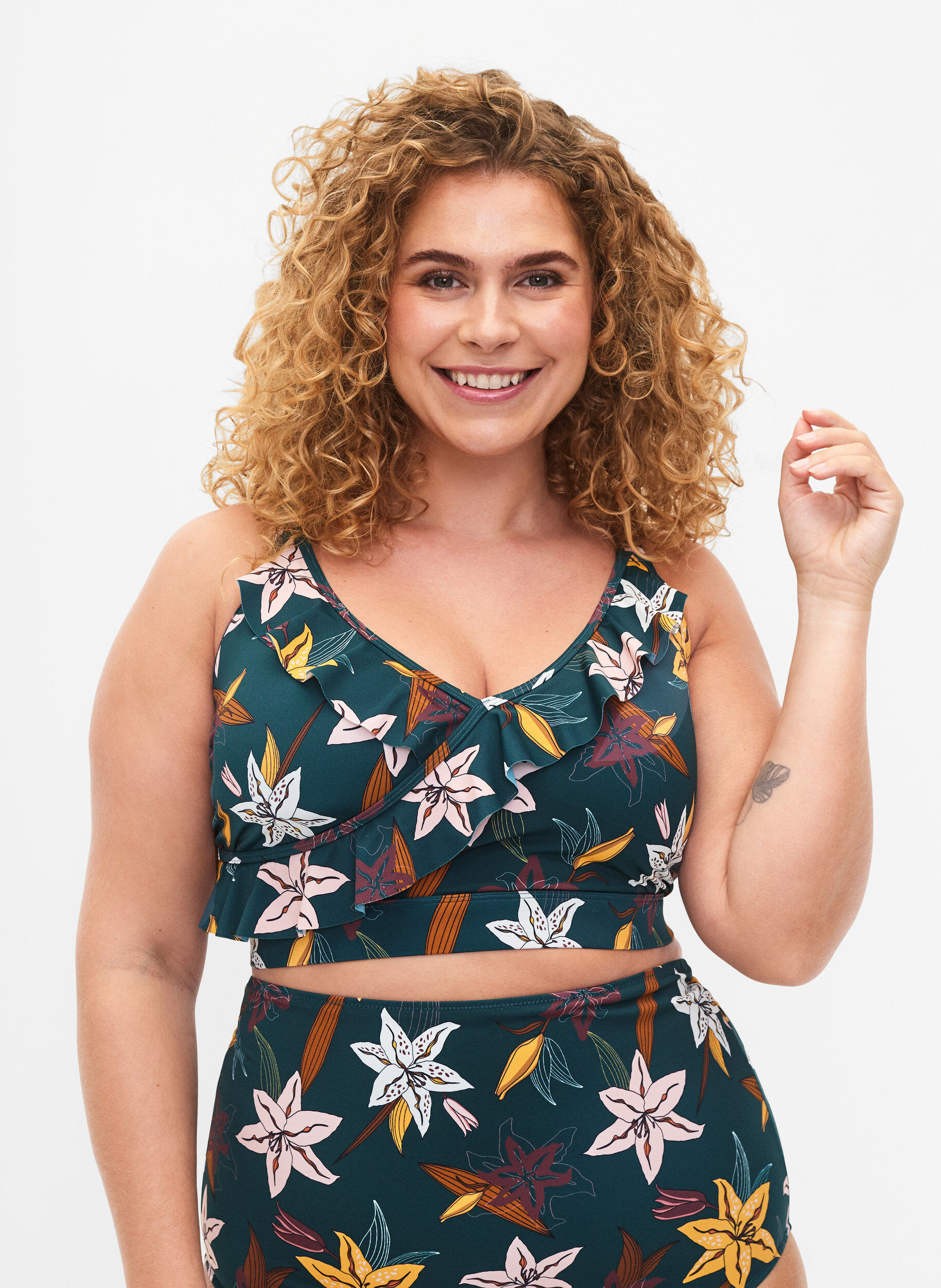 ZizziGebloemde bikinibeha met ruches, Groen, Model image number 0