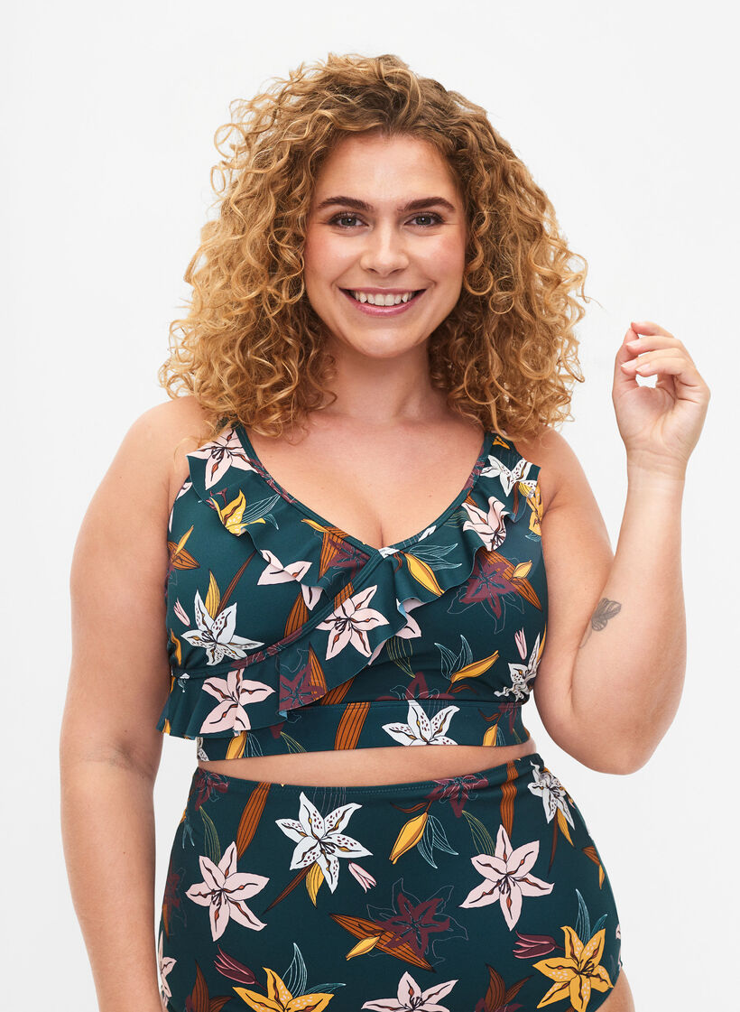 Gebloemde bikinibeha met ruches, Groen, Model image number 0