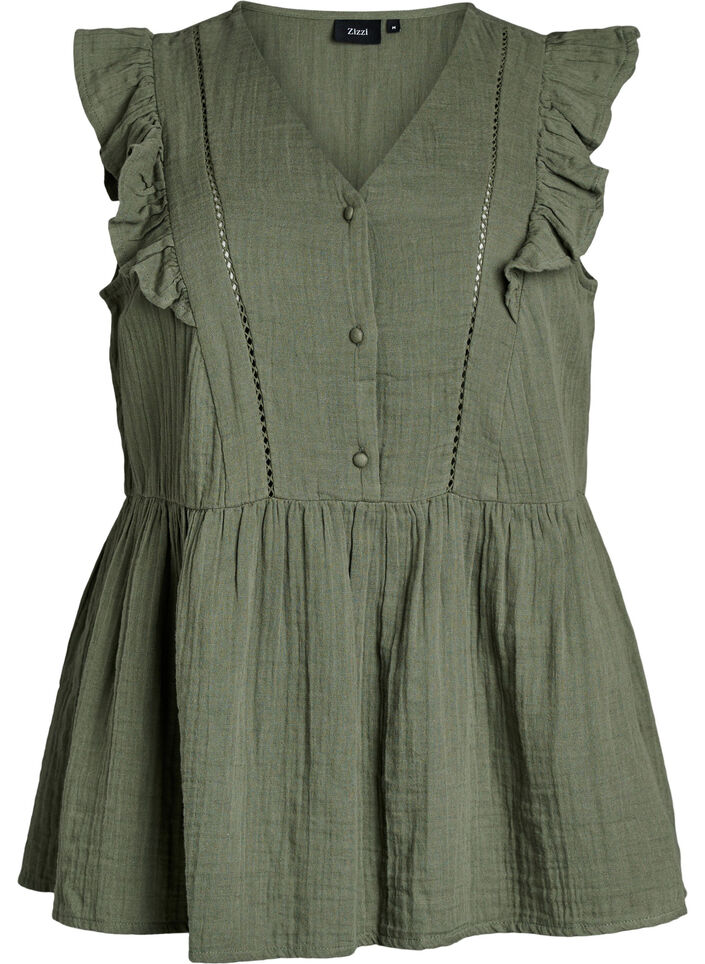 Mouwloze blouse van katoen mousseline met ruches, Groen, Packshot image number 0