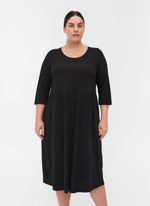 Midi-jurk in biologisch katoen met zakken, Black, Model image number 0