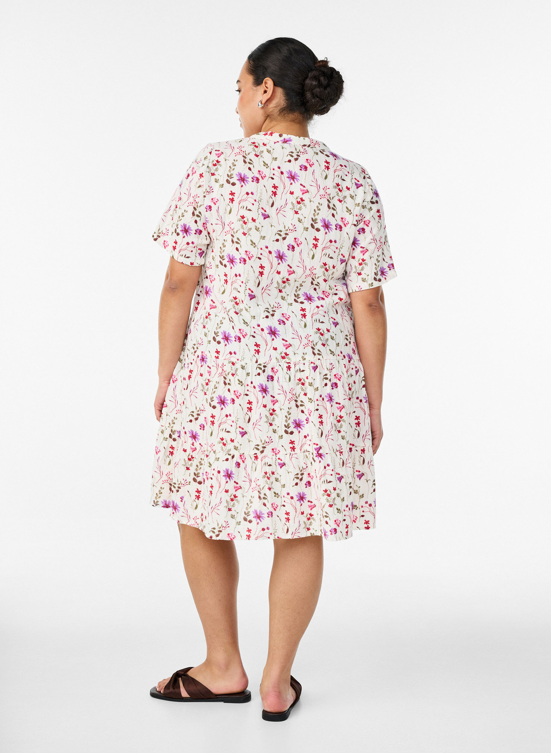 ZizziKorte A-lijn jurk in katoenen mousseline, Beige, Model image number 2