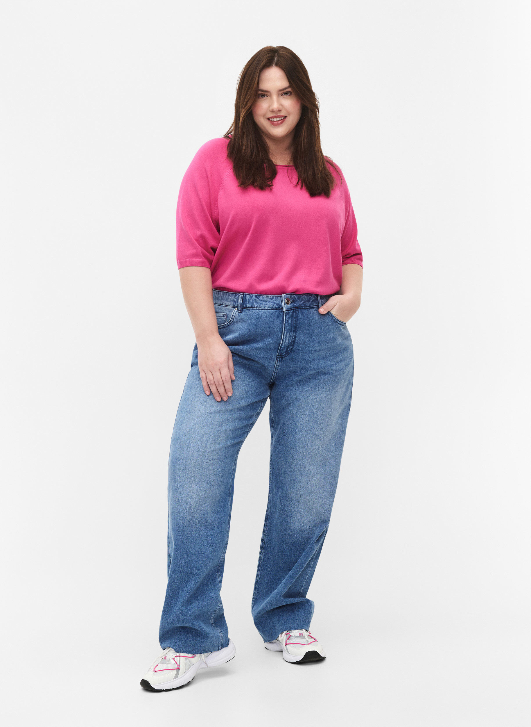 Zizzi Gebreide blouse van viscose met 3/4 mouwen, Raspberry Rose, Model image number 2