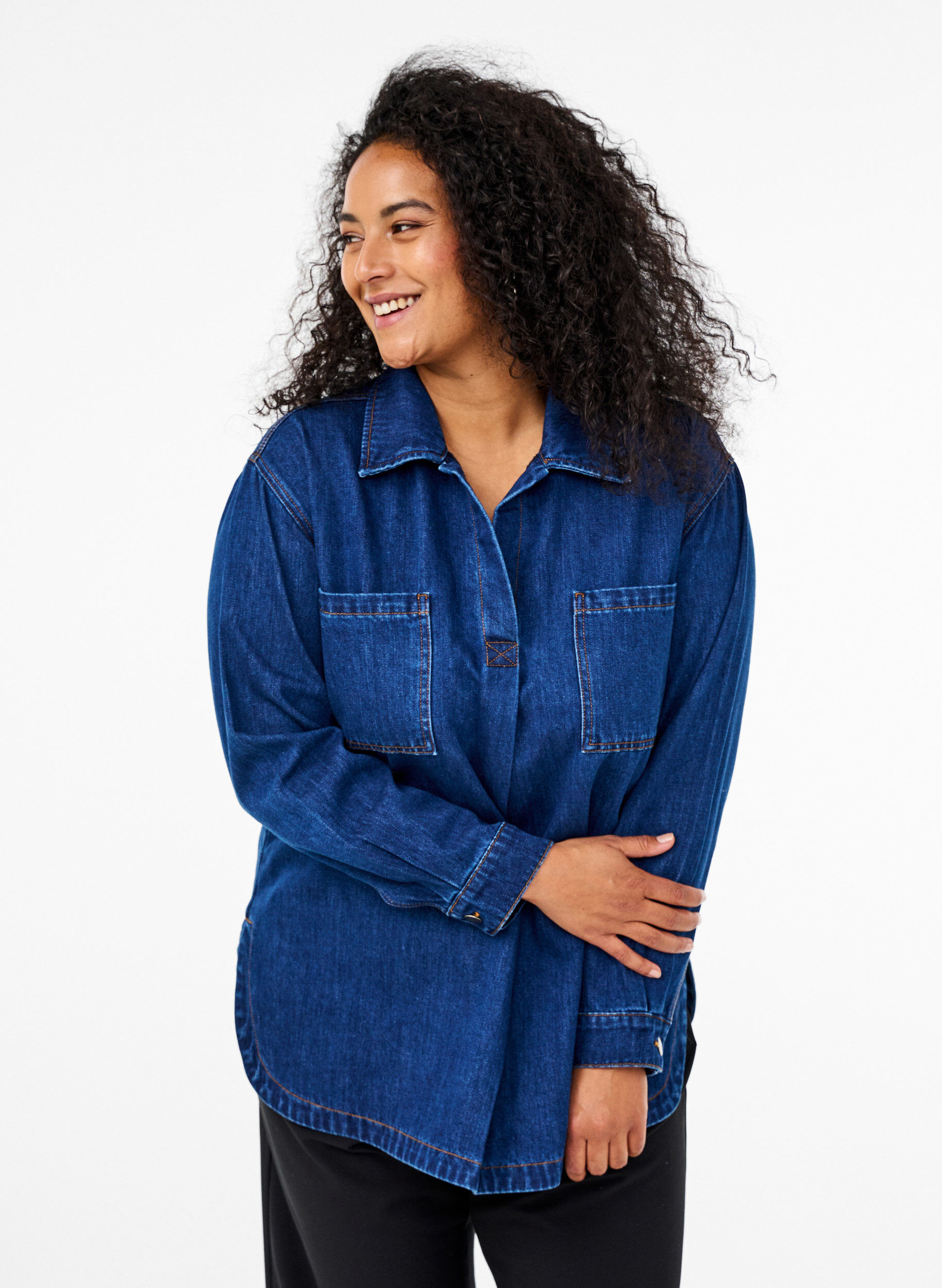 Zizzi Denim blouse met kraag, Unwashed, Model image number 0