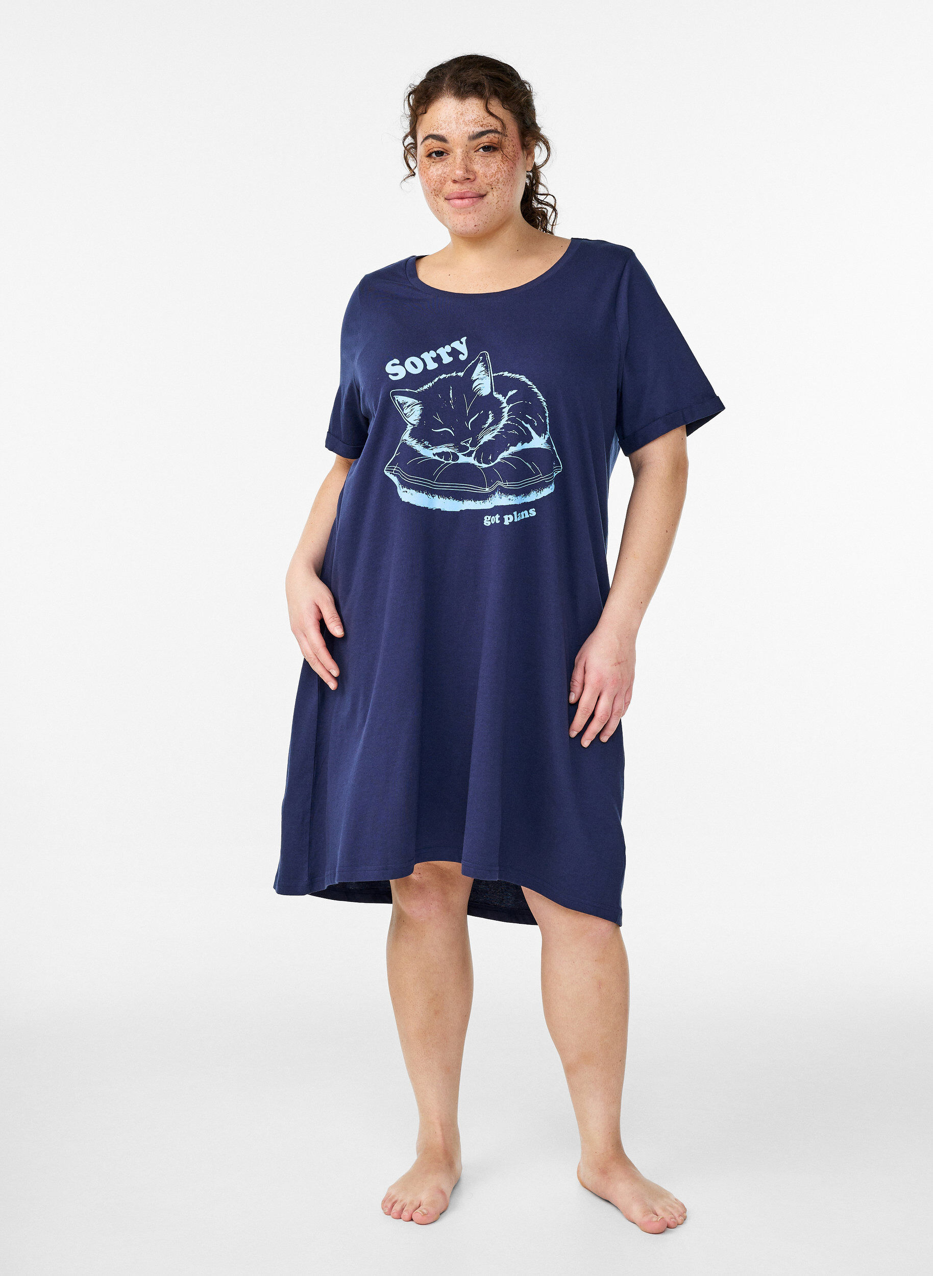 ZizziNachtjapon met korte mouwen van biologisch katoen, Blauw, Model image number 0
