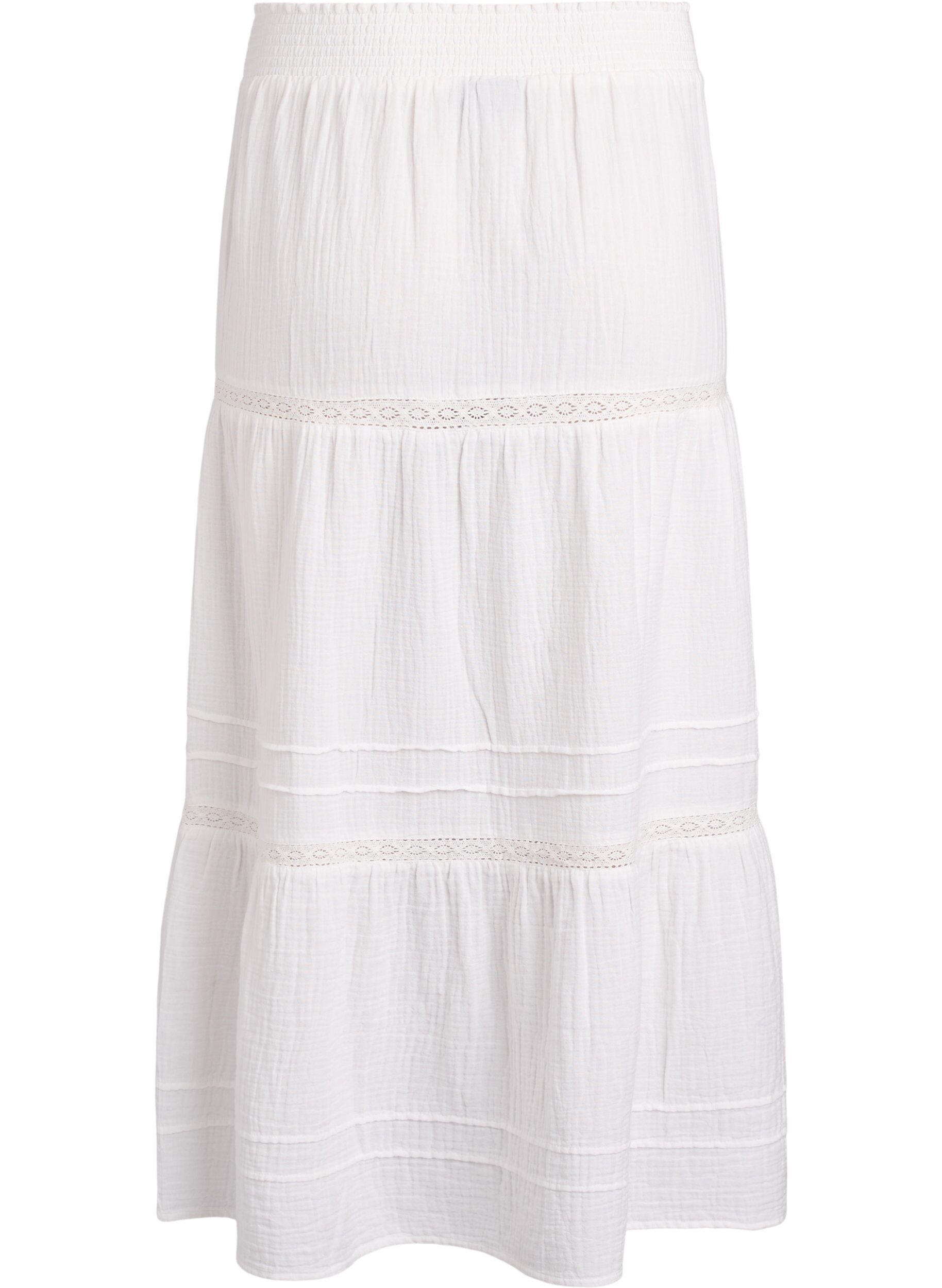 ZizziA-line midi skirt in cotton muslin with crochet band, Wit, Packshot image number 1