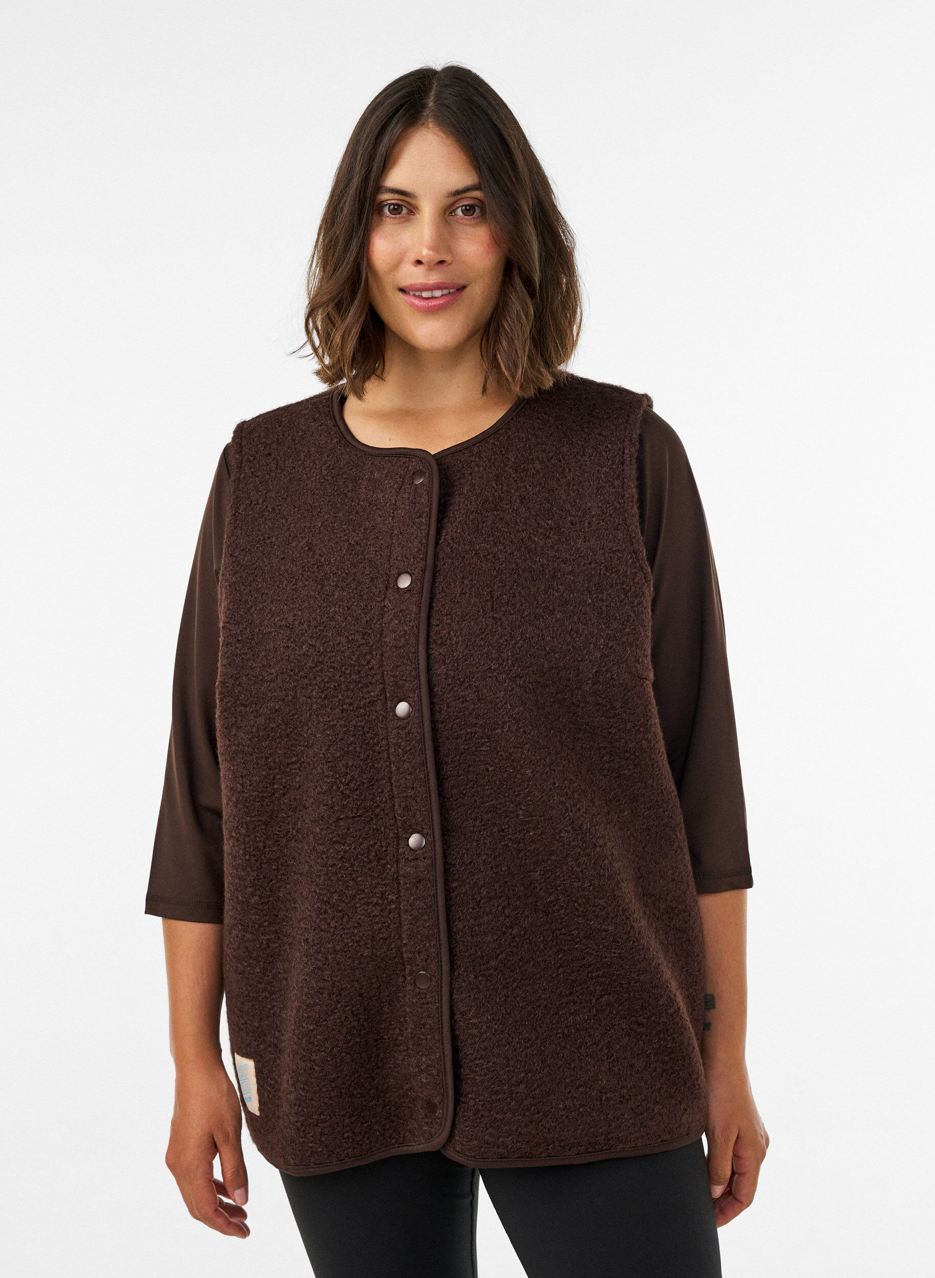 Fleecemouwloos vest met drukknoopjes en zijzakken, Bruin, Model