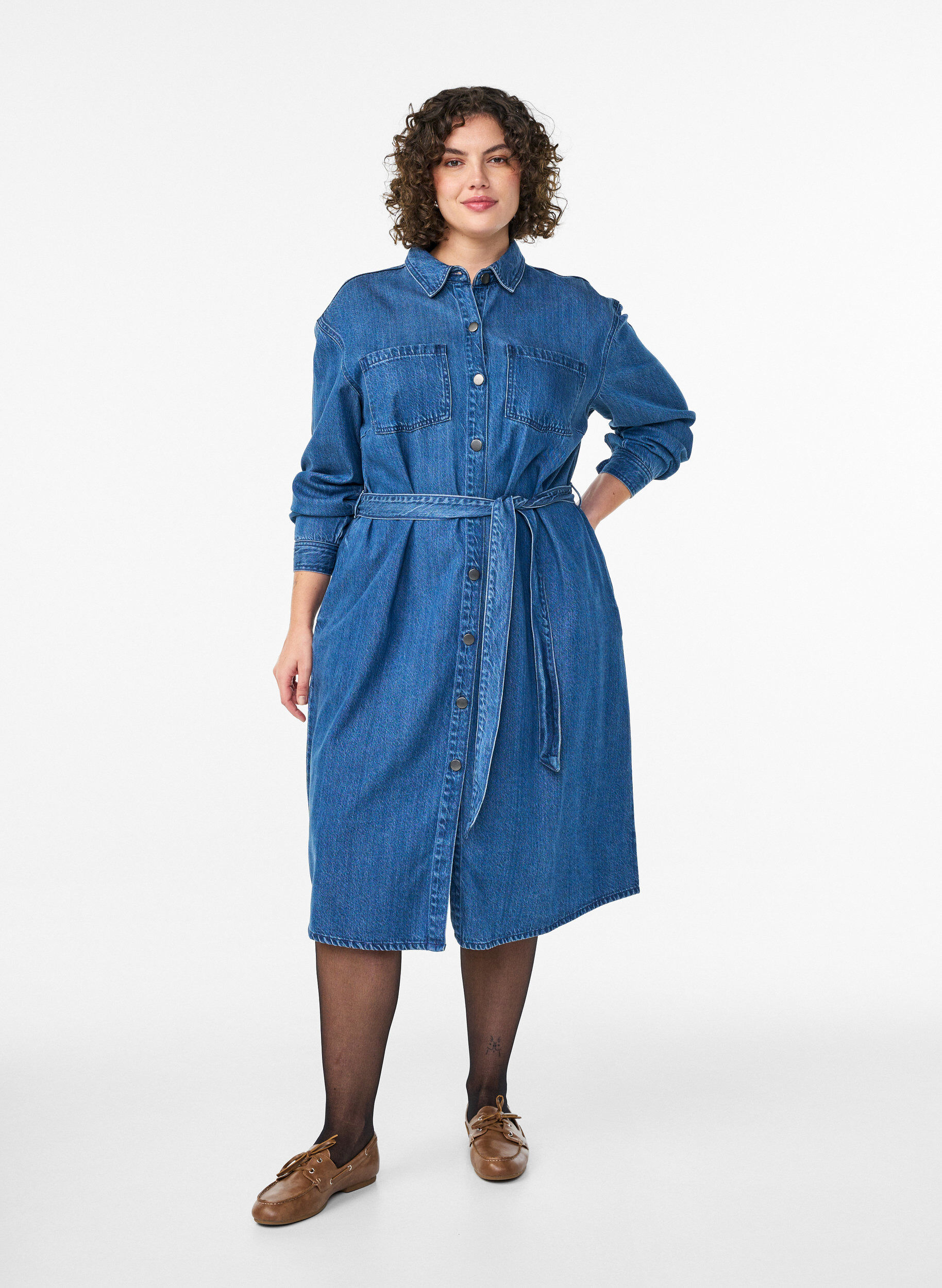 Denim overhemdjurk met strikceintuur en zijzakken, Blauw, Model