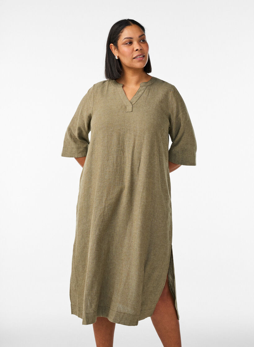 Midi-jurk in linnen en viscose met 1/2 mouwen, Groen, Model image number 0