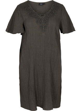 Katoenen jurk met korte mouwen en borduursel, Khaki As Sample, Packshot image number 0
