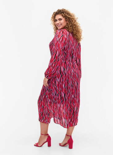 Lange mouwen midi jurk met print, Fuchsia Pink AOP, Model image number 0