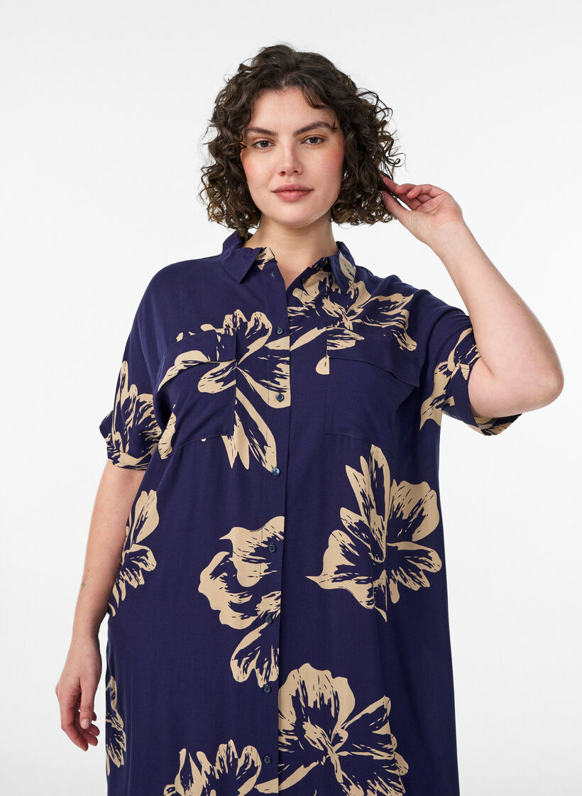 Lange overhemdjurk met korte mouwen, Blauw, Model image number 2