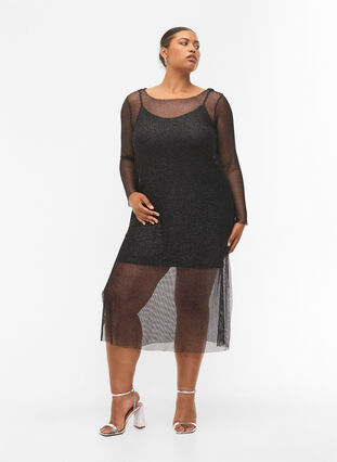 Net-jurk met lange mouwen, Black w. Silver, Model image number 0