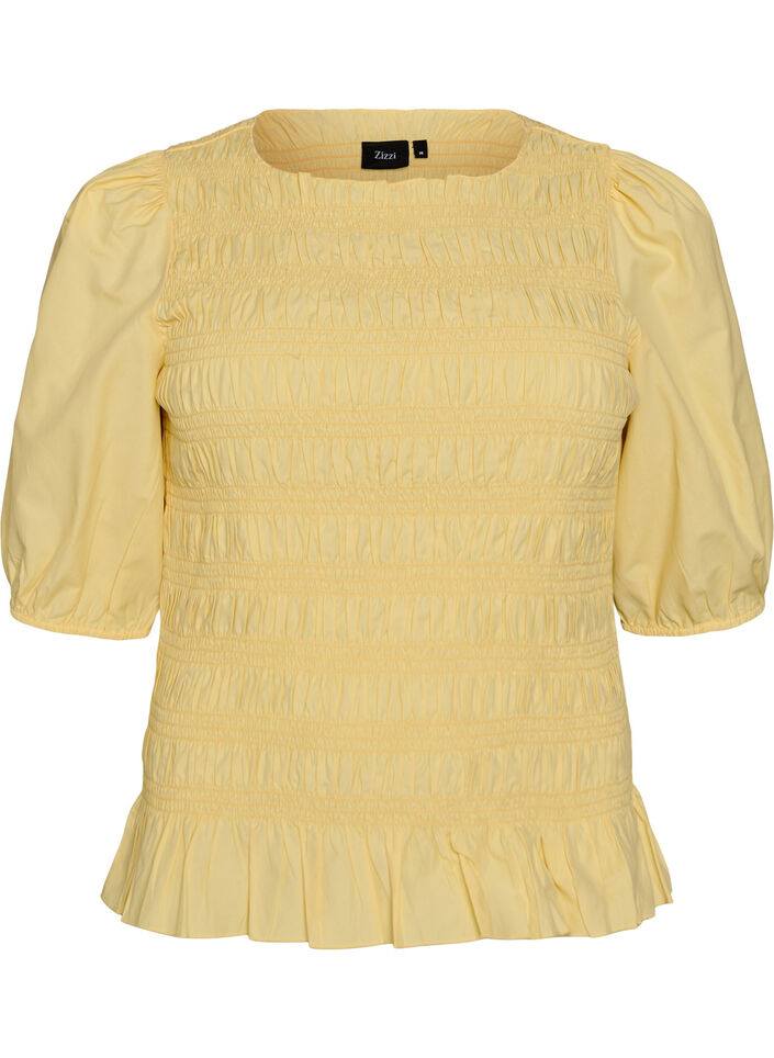 Smock blouse met volantzoom en boothals, Geel, Packshot image number 0