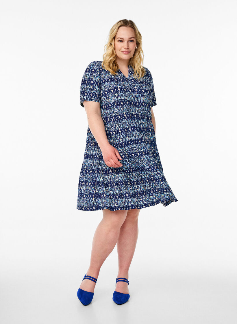 Jurk met patroon en panelen, Blauw, Model image number 1