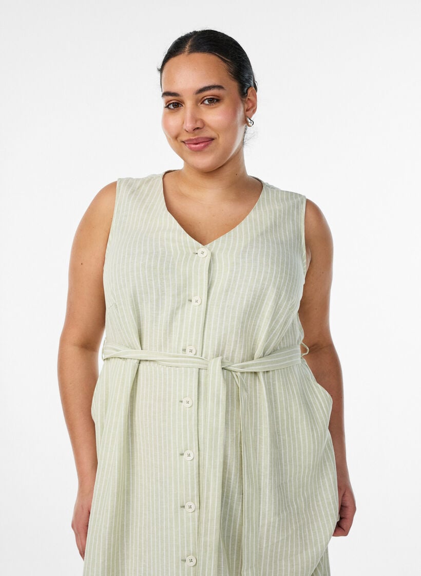 Mouwloze gestreepte midi jurk in linnen en viscose, Groen, Model image number 2