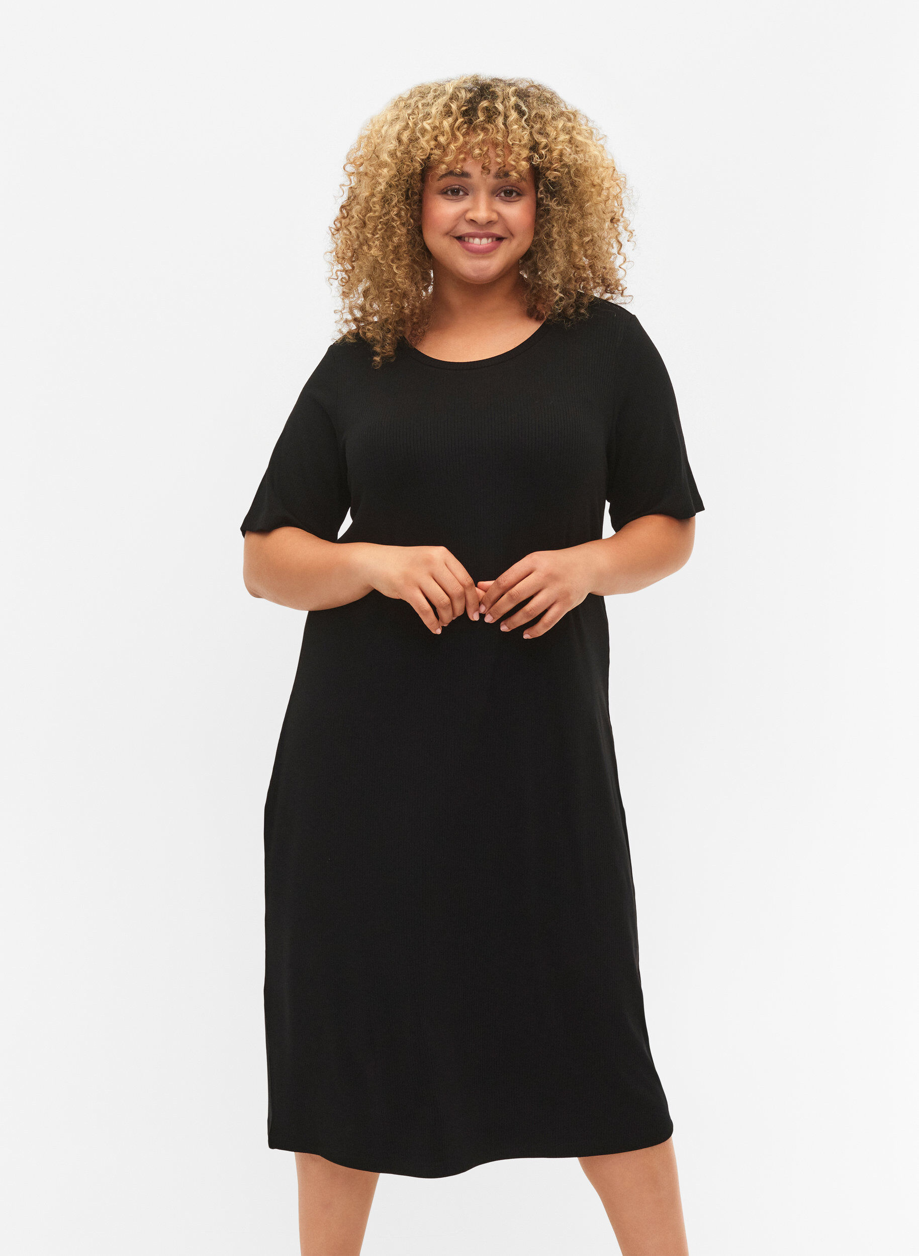 Zizzi Taillejurk van viscose ribkwaliteit met korte mouwen, Black, Model image number 0