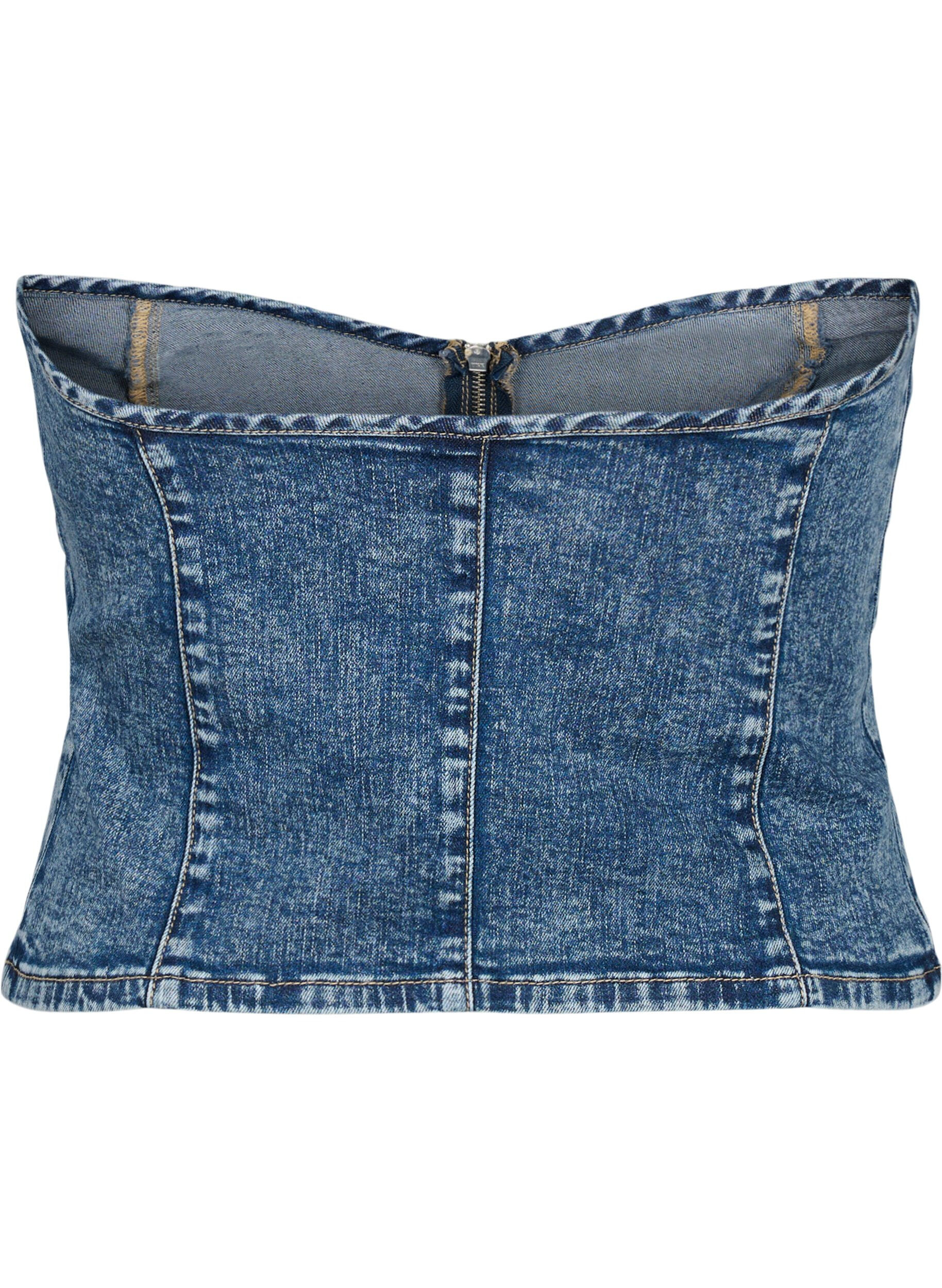 Zizzi Denim korset top met rits, Blue denim, Packshot image number 1