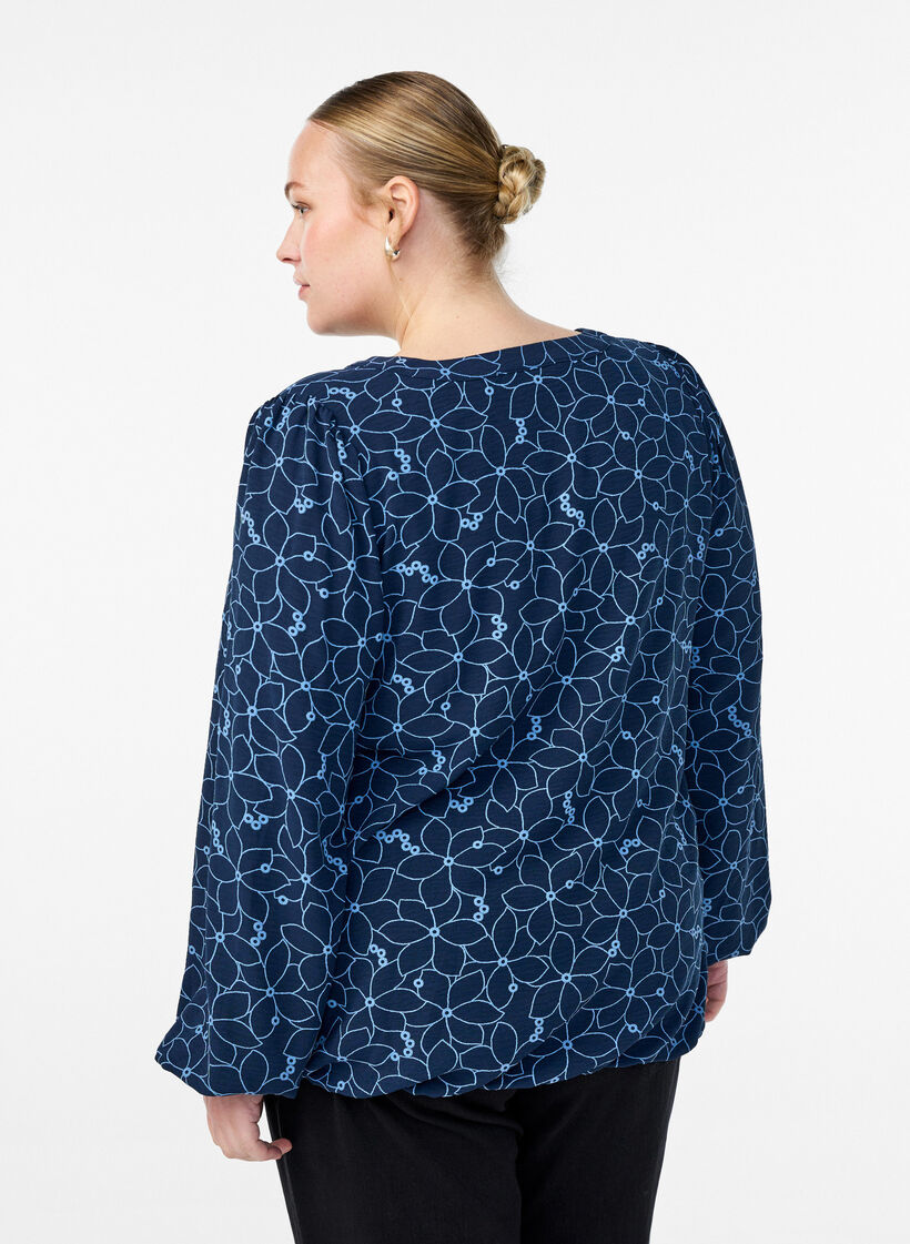 Blouse met lange mouwen met bloemenborduursel, Blauw, Model image number 2