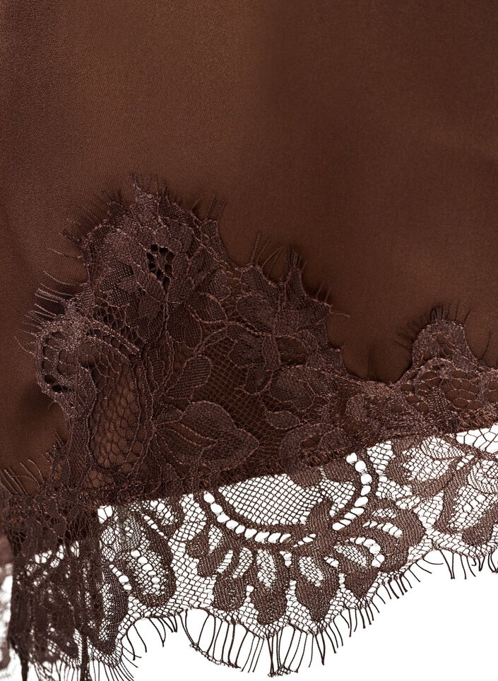 Satijnen jurk met kant en asymmetrische zoom, Bruin, Packshot image number 4