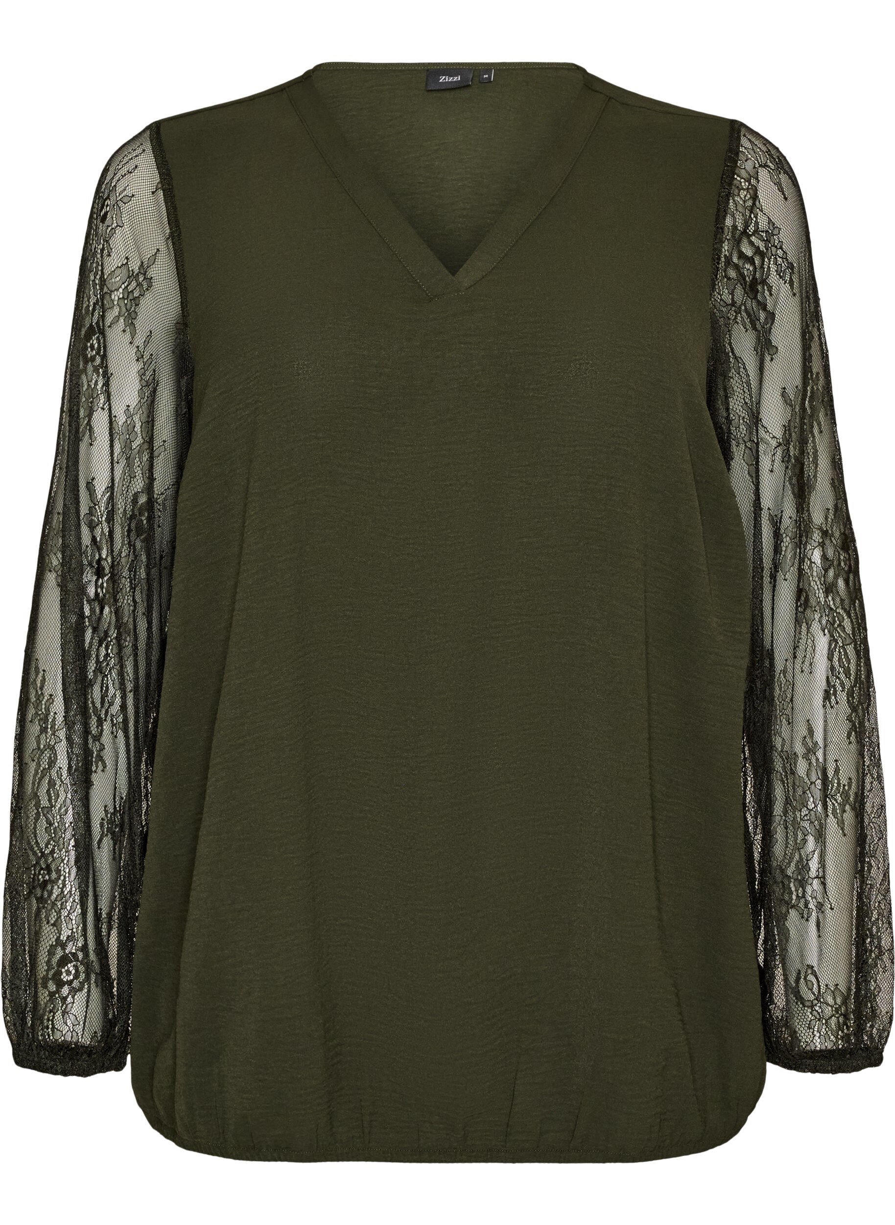 ZizziBlouse met kanten mouwen en ballonvorm, Groen, Packshot image number 0