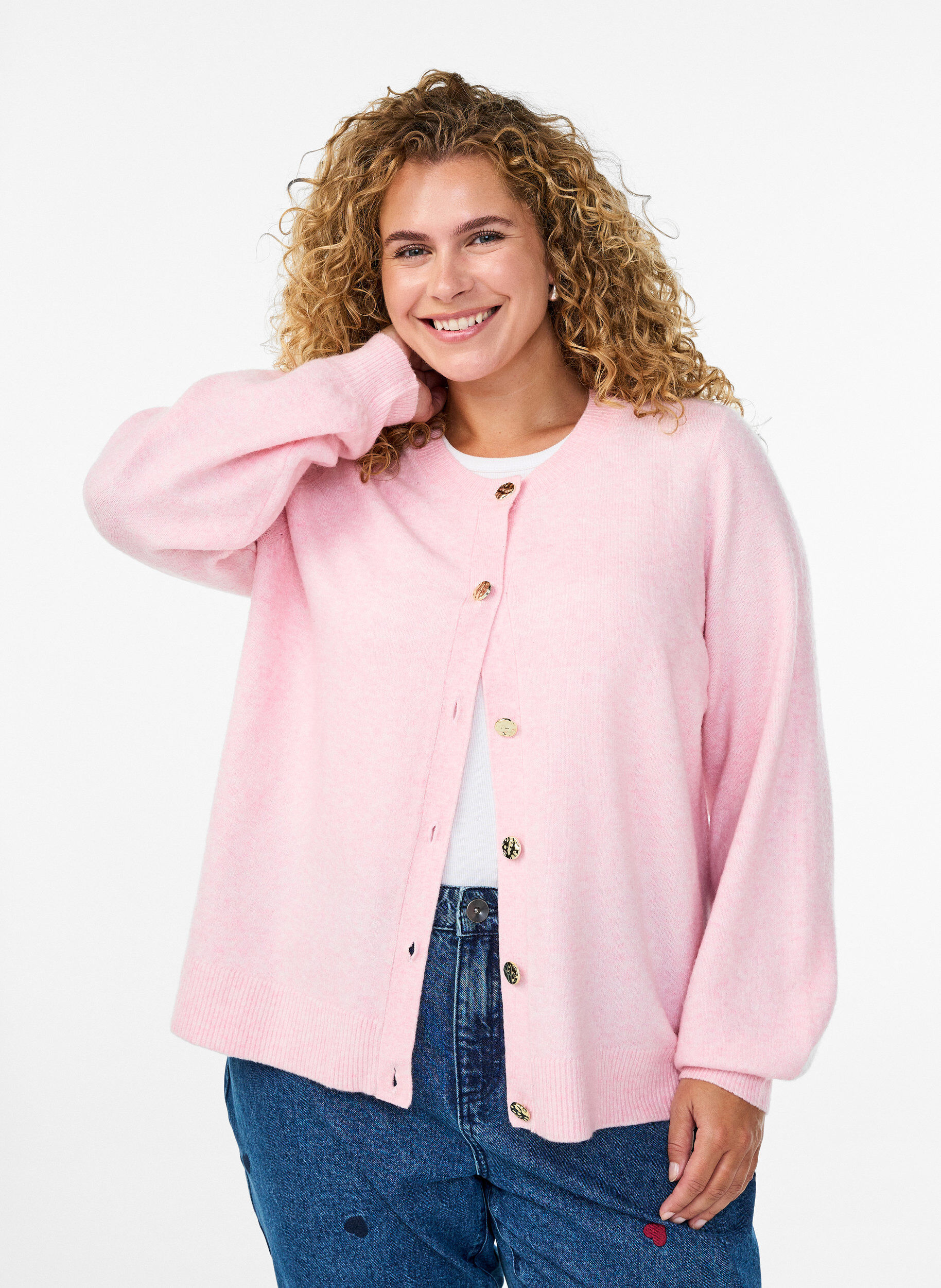 Zizzi Cardigan in zacht breisel met goudkleurige knopen, Roze, Model image number 0