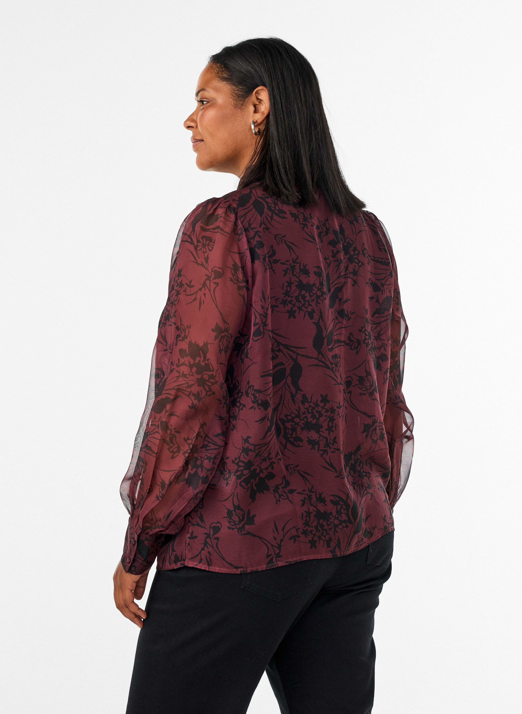 ZizziDoorschijnende overhemdblouse met bloemenpatroon en strikdetail, Donker Bordeaux, Model image number 2