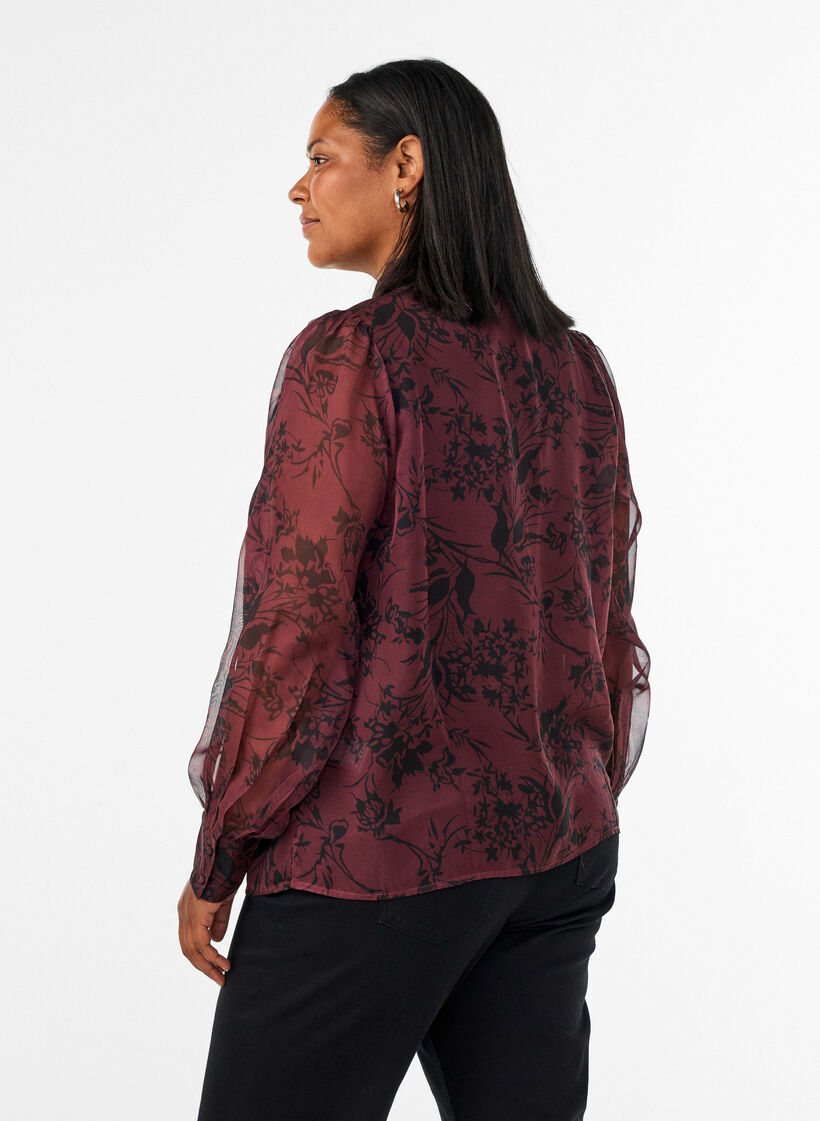 Doorschijnende overhemdblouse met bloemenpatroon en strikdetail, Donker Bordeaux, Model image number 2