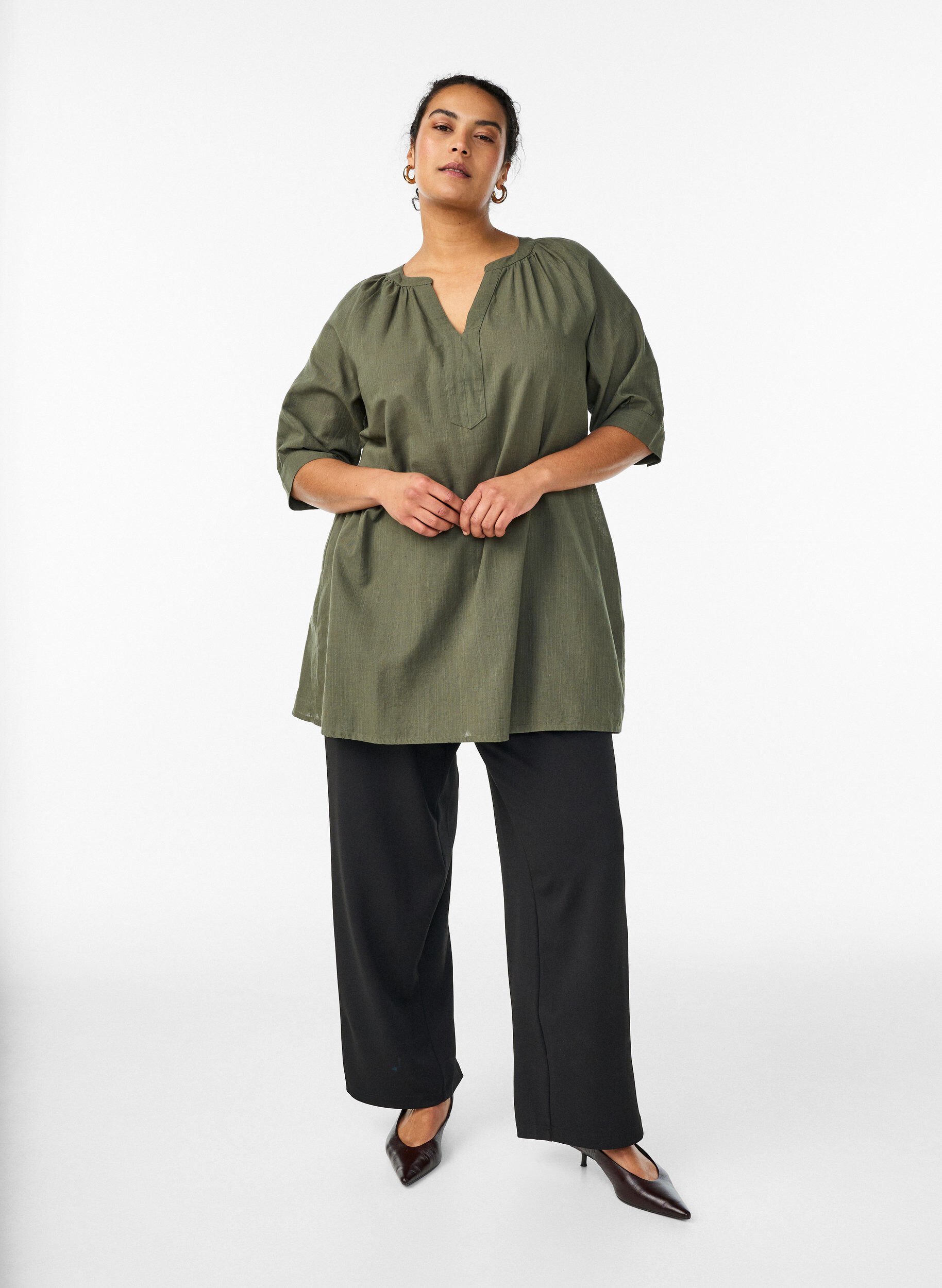 ZizziKatoenen tuniek met V-hals, Groen, Model image number 1